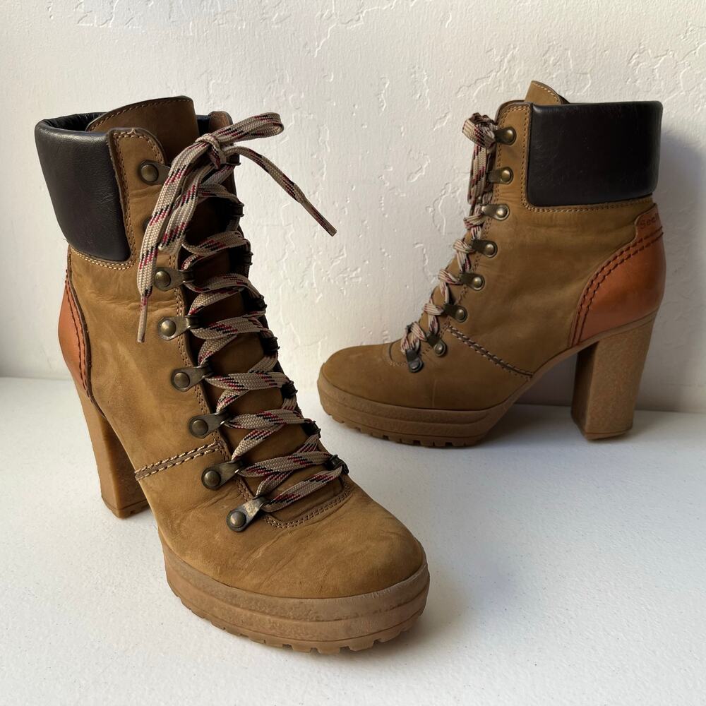 See by Chloé Eileen Lug Sole Heeled Leather Boots Colorblock Tan Size EU37 / US7